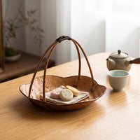 Bamboo Woven Basket Tray Handmade Bamboo Tray with Handle Rustic for Hosts
