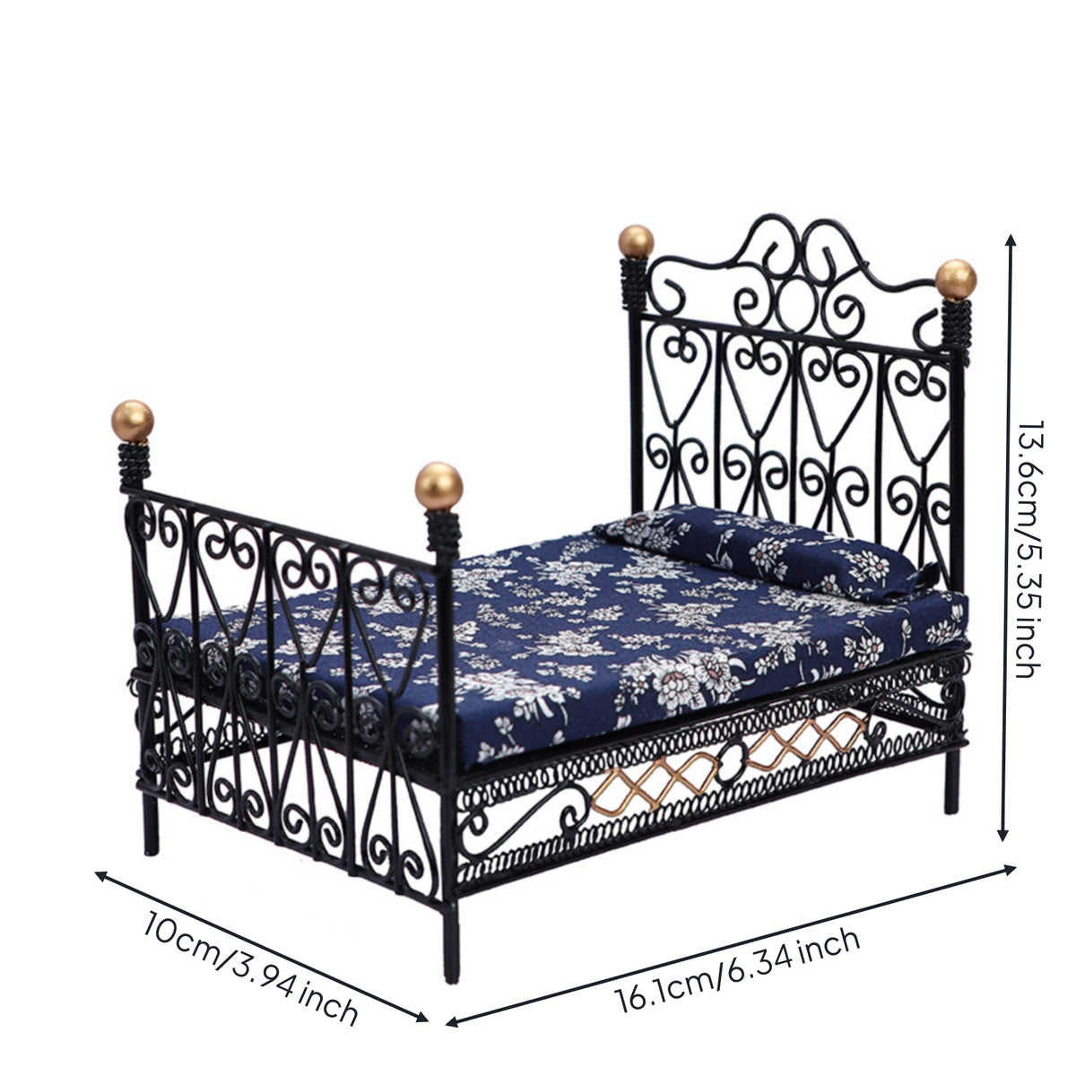 Dollhouse Bed with Mattress Wrought-Iron Style Miniature Double Bed Furniture Vintage Ornate for Doll Lovers