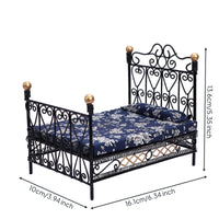 Dollhouse Bed with Mattress Wrought-Iron Style Miniature Double Bed Furniture Vintage Ornate for Doll Lovers