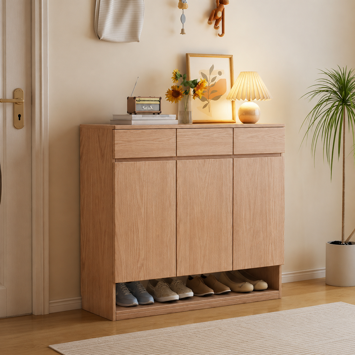Nordic Wood Shoe Storage Cabinet, Ash Wood Finish Hallway Storage Unit, 35cm Deep Shoe Cupboard for Small Flats