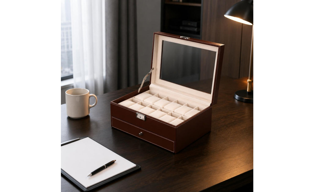 Mirror Lid Watch Jewelry Box Divided Compartments Double-Layer Jewelry Box Contrast Stitching 2-Layer Watch Organizer Scratch Protection