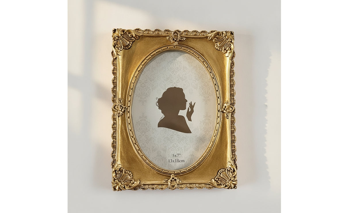 Ornate Resin Photo Frame Gold-Toned Rectangular Photo Frame Small Old-Fashioned for Newlyweds, Tabletop, Weddings