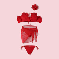 Swimsuit for Girls, Retro European and American Style Bikinis, Padded Push Up Set for Women, Three-Piece with Matching Head Flower