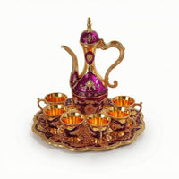 Ornate Wine Serving Set with Tray Gold-Toned Ewer and Cup Set Embossed Wine Goblets Vintage Style for Hosts, Collectors, Weddings, Home Bar, Dining Room, Housewarming