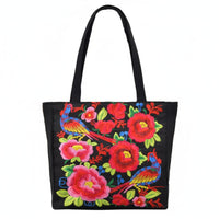 Large Capacity Embroidered Tote Bag Vibrant Colors Ethnic Design Handbag Lightweight Peony Bird Embroidery Bag Zipper Closure for Shopping, Casual Outings, Beach