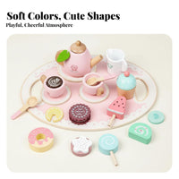 Imaginative Role Play Afternoon Tea Playset Solid Wood Wooden Tea Party Set Educational Wooden Cake Toy Set Realistic Design for Preschoolers, Toddlers, Kindergarten, Playhouse, Playroom