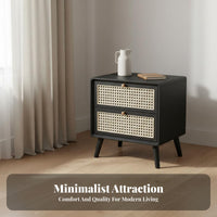 Minimalist Design Solid Wood Rattan Nightstand Sturdy Construction Nightstand with Drawers Easy Assembly 2-Drawer Bedside Cabinet Multi-Purpose for Homeowners, Students, Couples, Guest Room, Home, Hallway, Hotel