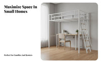 Metal Loft Bed Frame Modern Layout Plan-Saving Loft Bed Guardrail Bedroom Furniture for Adults, Teens, Small Apartment, Dorm Room, Study Area