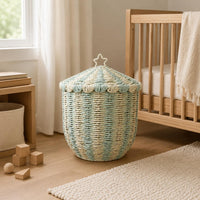 Scalloped Rim Paper Rope Basket Star Handle Lidded Basket Textured Household Storage Decorative