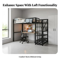 Dormitory Loft Bed Nordic Design Metal Loft Bed with Desk Space Saving for Young Adults, Teenagers, Small Areas, Studio Apartment, Home Office