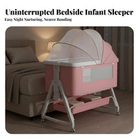 Multi-Functional Portable Bedside Sleeper Height Adjustable Bedside Bassinet with Wheels Infant Bed Rocking Function for Infants, Newborns, New Parents, Nursery, Bedroom, Indoors, Nighttime