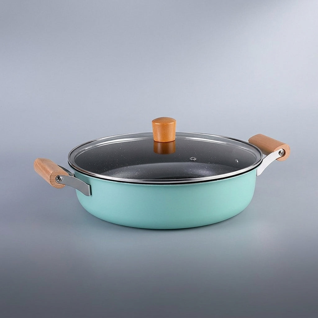 Dutch Oven Casserole Dish with Cast Iron Base, Versatile Hot Pot and Soup Pot for Stew, 3.1-4L Shabu Shabu Stew Pot with Glass Lid, Wood Handle