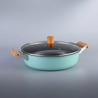 Dutch Oven Casserole Dish with Cast Iron Base, Versatile Hot Pot and Soup Pot for Stew, 3.1-4L Shabu Shabu Stew Pot with Glass Lid, Wood Handle