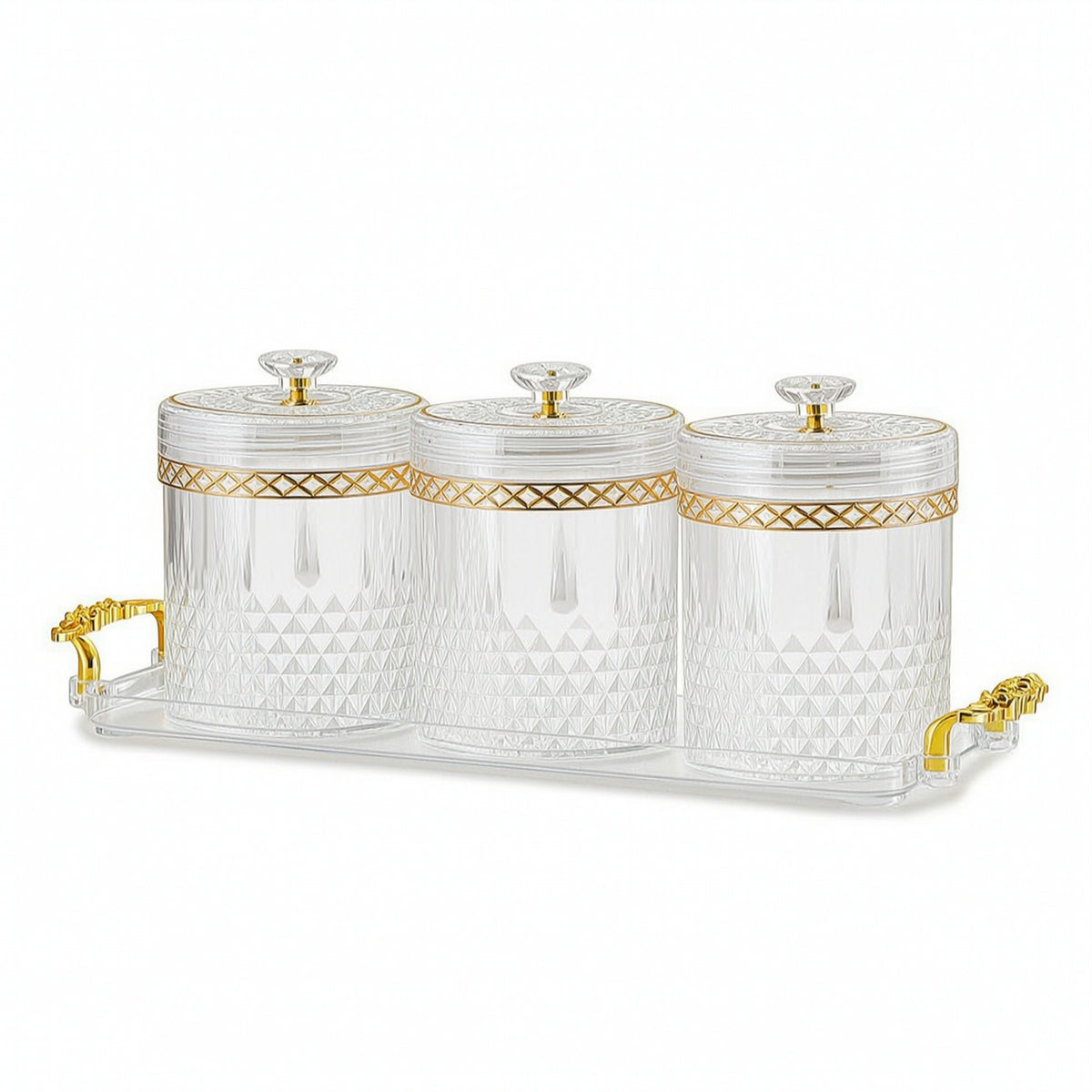 3 Pieces Faceted Canister Set with Tray Stylish Glass Jar with Tray Clear Canisters Fresh for Pantry