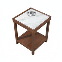 Marble Pattern Top Beverage Stand with Container Insert Sturdy Construction Tea Table Two-Tier Design Small Furniture for Mahjong Players, Homeowners, Game Room, Lounge
