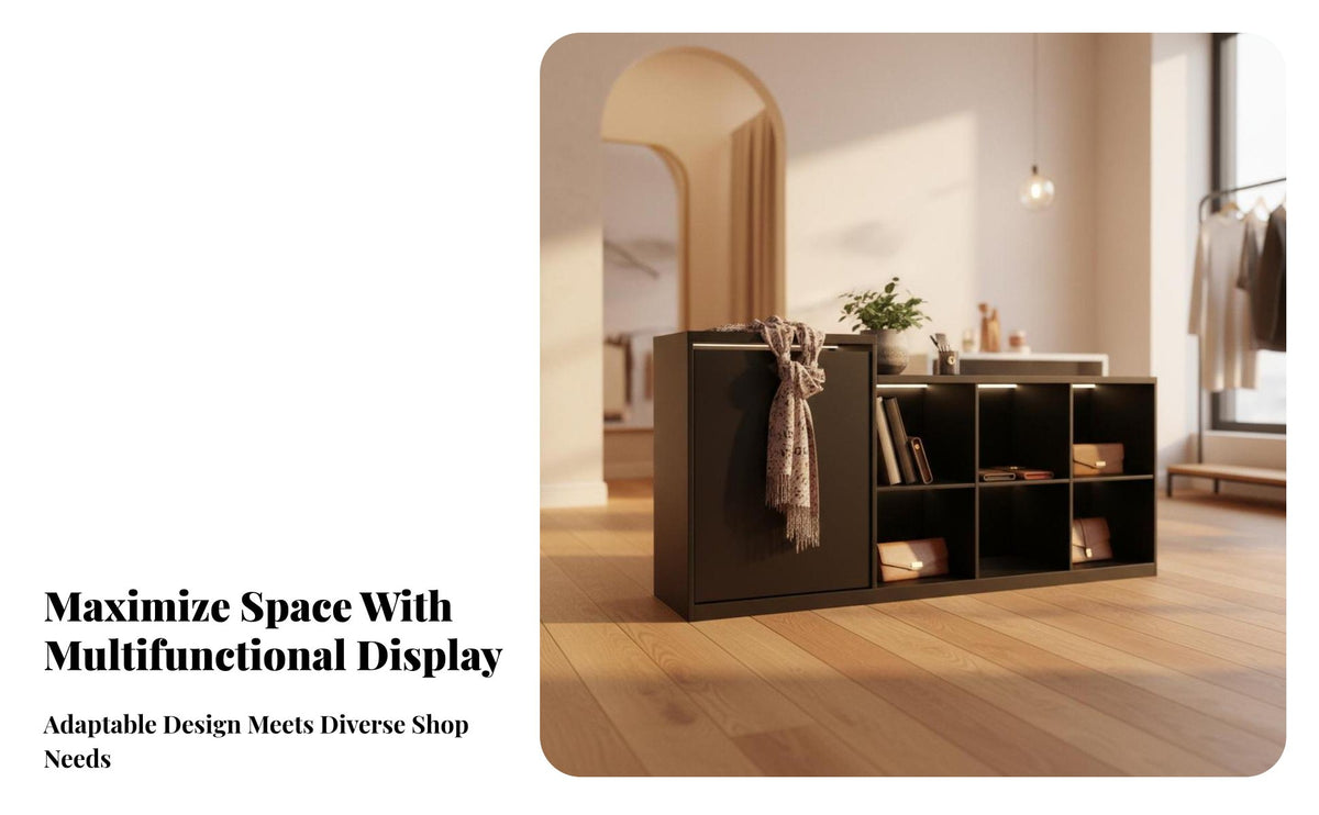High-Low Merchandise Table Simple Design Retail Island Counter Easy Assembly Store Display Cabinet with Shelves for Retailers, Boutiques, Showrooms
