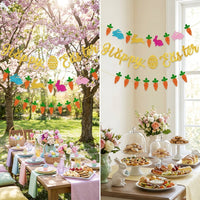 Easter Bunny & Carrot Garland, Happy Easter Garland Glittery Glitter Easter Bunny Banner Easy to Hang Bunny and Egg Banner for Families, Teachers, Home, Mantelpiece, Classroom