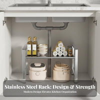 Rustproof Expandable Under-Sink Rack Sturdy Frame 2-Tier Adjustable Shelf Heavy Duty Kitchen Organizer Easy to Install for Homeowners, DIY Enthusiasts, Cabinet, Cupboard, Bathroom, Countertop