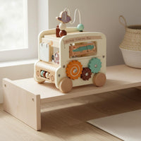Fine Movement Skills Montessori Bus Toy Interactive Busy Board Pusher Multi-Sensory Wooden Bus Toy Hand-Eye Coordination for Toddlers, Kids, Playroom, Preschool