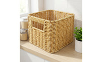 Faux Rattan Basket Handwoven Woven Storage Basket Woven Organizer Bin Compact Natural-Style for Desk, Shelf