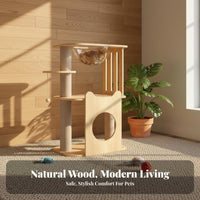 Solid Wood Cat Perch with Space Capsule Sturdy Construction Wooden Cat Perch with Scratching Posts Easy Assembly Pet Furniture Natural Material for Indoor, Living Room, Bedroom, Home
