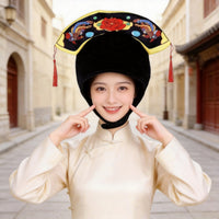 Embroidered Floral Bird Hat Velvety Ceremonial Hat Tasseled Black Headpiece