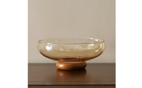 Glass Fruit Bowl with Wooden Pedestal Minimalist Glass Fruit Bowl Clear Countertop Organizer for Kitchen Counter, Dining Table