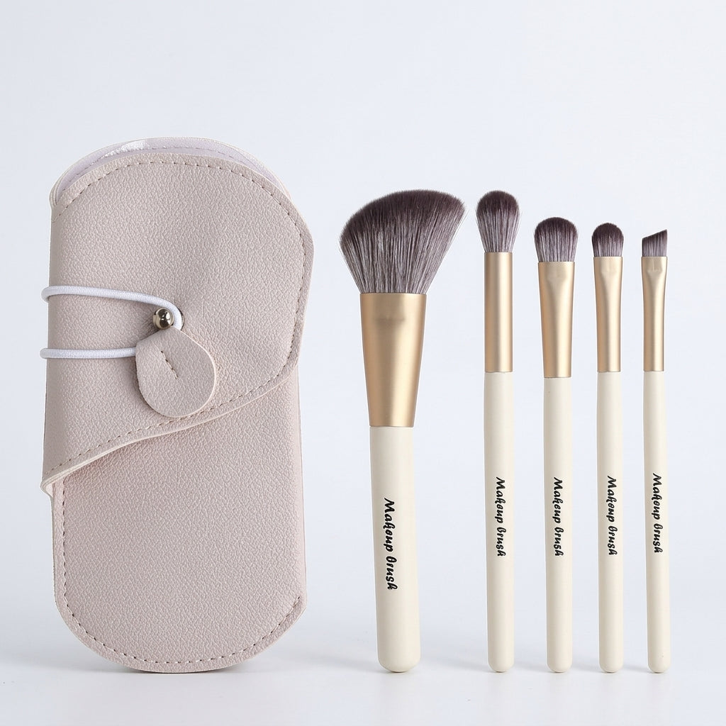 5 Piece Travel Makeup Brush Set with Storage Pouch, Cosmetic for Eyeshadow Blush Concealer Highlight, Synthetic Bristles