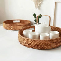 2 Pieces Rattan Tray with Handles Round Rattan Serving Tray Easy to Carry for Home Decor