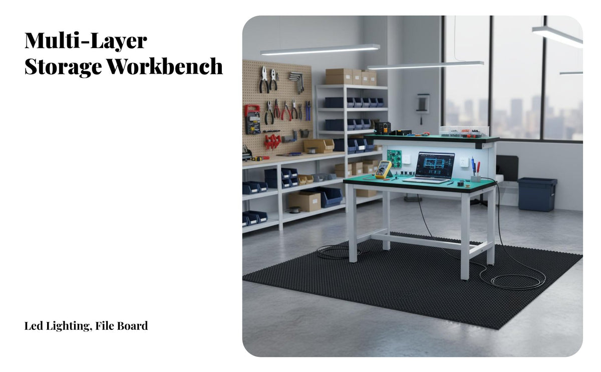 Built-in LED Light Anti-Static Workbench Steel Frame Construction Electronics Assembly Station Wear-Resistant Desktop Heavy Duty Work Table Easy to Assemble for Workshop Technicians, Factory Workers, Engineers