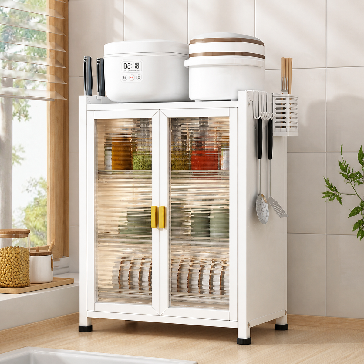 3 Layer Metal Cabinet, Retractable Pantry Cupboard Storage, Dustproof Carbon Steel Kitchen Organizer with Drainage Tray, Modern Minimalist Countertop