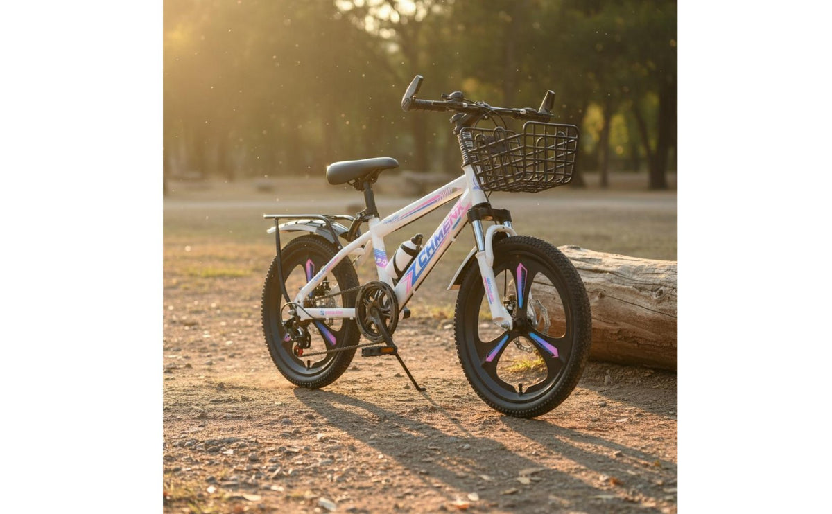 Shock Absorbing Front Fork Student Cycle with Disc Brakes High-Carbon Steel Frame Kids Mountain Bike Anti-Slip Tires Children's Cycle with Basket Lightweight Metal Alloy Wheels for Girls