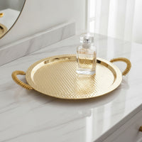 Metal Serving Tray with Handles Gold-Toned Hammered Metal Tray Decorative Platter with Handles for Hosts, Coffee Table, Dining Room