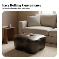 Movable with Wheels Clover-Shaped Wheeled Pouf Padded Seat Low Stool Tufted Button Accent Footrest for Adults, Children, Living Room, Bedroom, Entryway