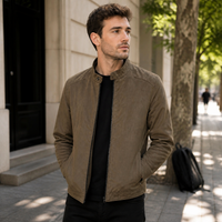 Men's Suede Leather Jacket Stand Collar Casual Slim Fit Motorcycle Coat