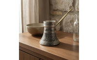 Long Handle Turkish Coffee Pot Flared Body Ibrik Coffee Brewer Metal Finish Kitchenware Silver-Toned