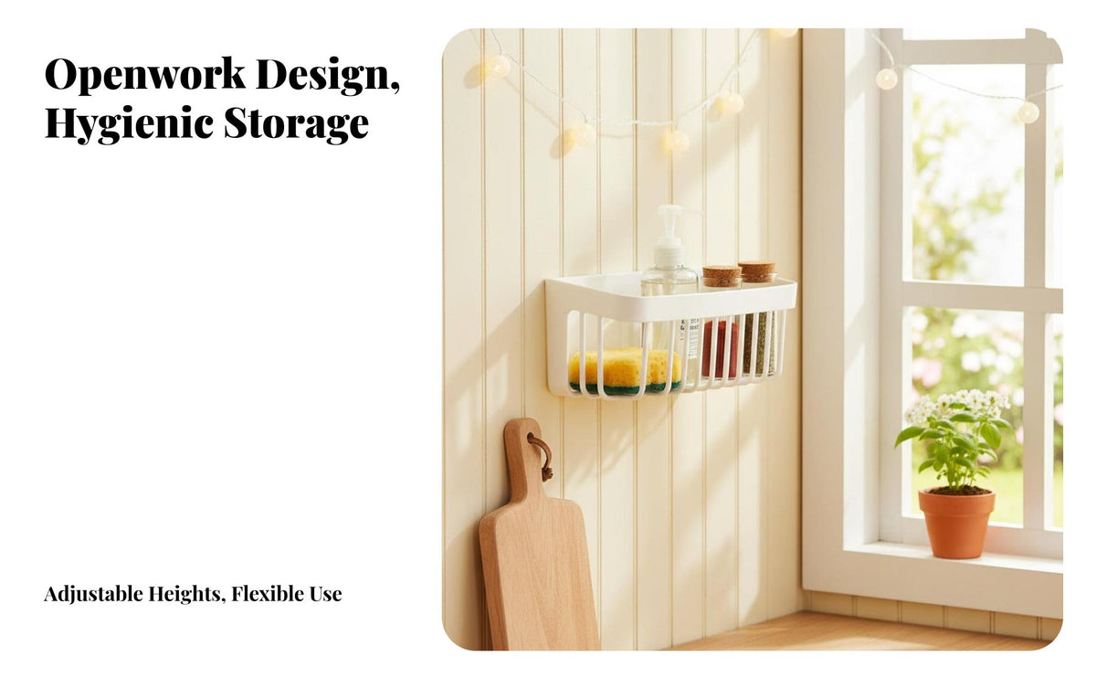 Slatted Storage Basket Draining Wall-Mounted Organizer Easy to Install for Students, Renters, Washroom, Kitchen, Dorm Room