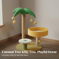 Space-Saving Coconut Tree Feline Climber Includes Play Toys Small Feline Tree with Perch Natural Sisal Scratcher Scratching Post Multifunctional for Kitten Owners, Apartment Dwellers, Indoor, Indoors, Living Room, Bedroom
