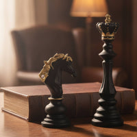 3 Pieces Resin Chess Golden-Accented-Accented Chess Figurines Decorative Tabletop Sculpture for Collectors, Modernists, Living Room, Office, Bookshelf