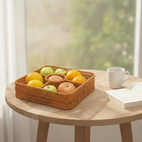 Handwoven Woven Fruit Basket with Lid Rattan-Style Divided Basket with Lid Low-Height Woven Organizer with Cover Square for Dining Table, Kitchen, Living Room
