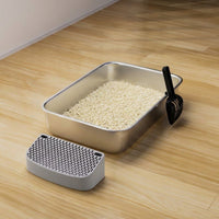 Cat Litter Tray with Ladle and Mat, Stainless Steel Flat Bottom Open Pan for Big Cats, Easy Clean Square Basin Large Tray