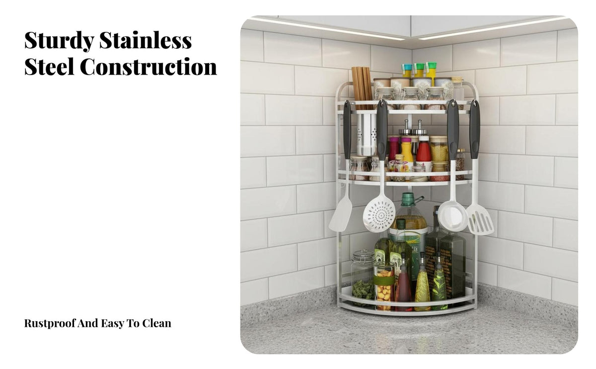 3-Tier Corner Shelf Multi-Functional Tiered Corner Holder Space-Saving Design Kitchen Rack for Home Cooks, Homeowners, Countertop, Cabinet, Washroom
