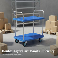 Double Deck Push Cart High Load Capacity Base Trolley with Guardrails Heavy Duty Warehouse Transport Trolley for Factory Workers, Workshop, Garage