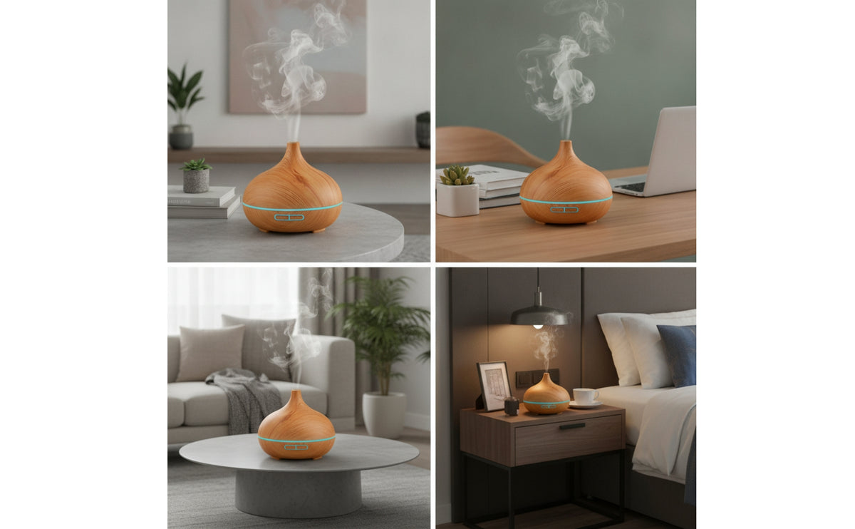 Wood-Grain Essential Oil Dispenser USB-Powered Dispenser Compact High-Frequency Humidifier with LED Light Long-Lasting for Bedroom, Office Desk