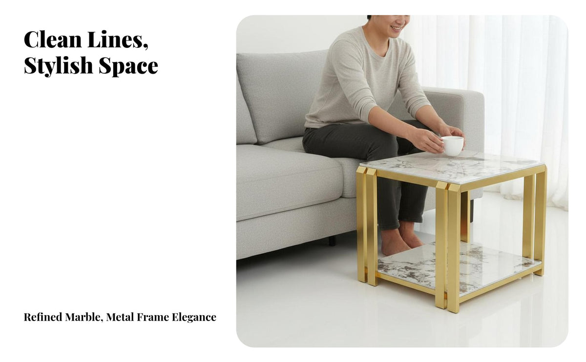 Light Luxury Design 2-Tier Square Side Table Double-Layer Storage 2-Tier Side Table Easy Assembly Gold Frame Nightstand Scratch-Resistant for Interior Designers, Apartment Dwellers, Gift Givers, Living Room, Bedroom, Office, Reception Area