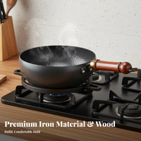 Hand Hammered Iron Wok Easy to Clean Hand Hammered Wok Deep Stir Fry Pan Included Cookware Anti-Scald Handle