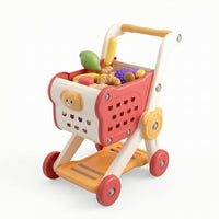 Role-Playing Toy Grocery Cart with Play Food Rounded Edges Shopping Cart with Play Food Molded Grocery Store Toy Pretend for Toddlers, Playroom, Kindergarten
