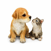 2 Pieces Puppy and Kitten Statue Outdoor Resin Garden Ornament Dog Statue Weatherproof Dog Figurine Hand-Painted for Pet Lovers