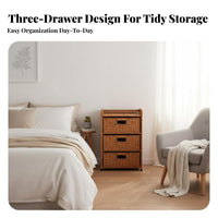 Nordic Design 3-Drawer Woven Chest Multi-Purpose 3-Tier Woven Basket Stand Handwoven Storage Cabinet Sturdy Frame for Homeowners, Students, Parents, Bedroom, Living Room, Hallway, Bathroom