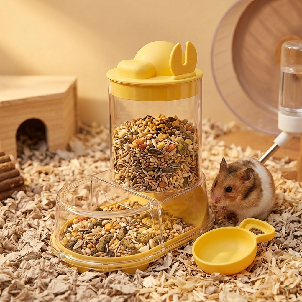 Automatic Hamster Feeder and Transparent Feeder, 600ml Auto-fill Dispenser with Ladle, Fixed Bowl for Winter Scenarios